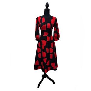 Black and Red Print 3/4 Sleeve Boat Neckline Belted Midi Dress.